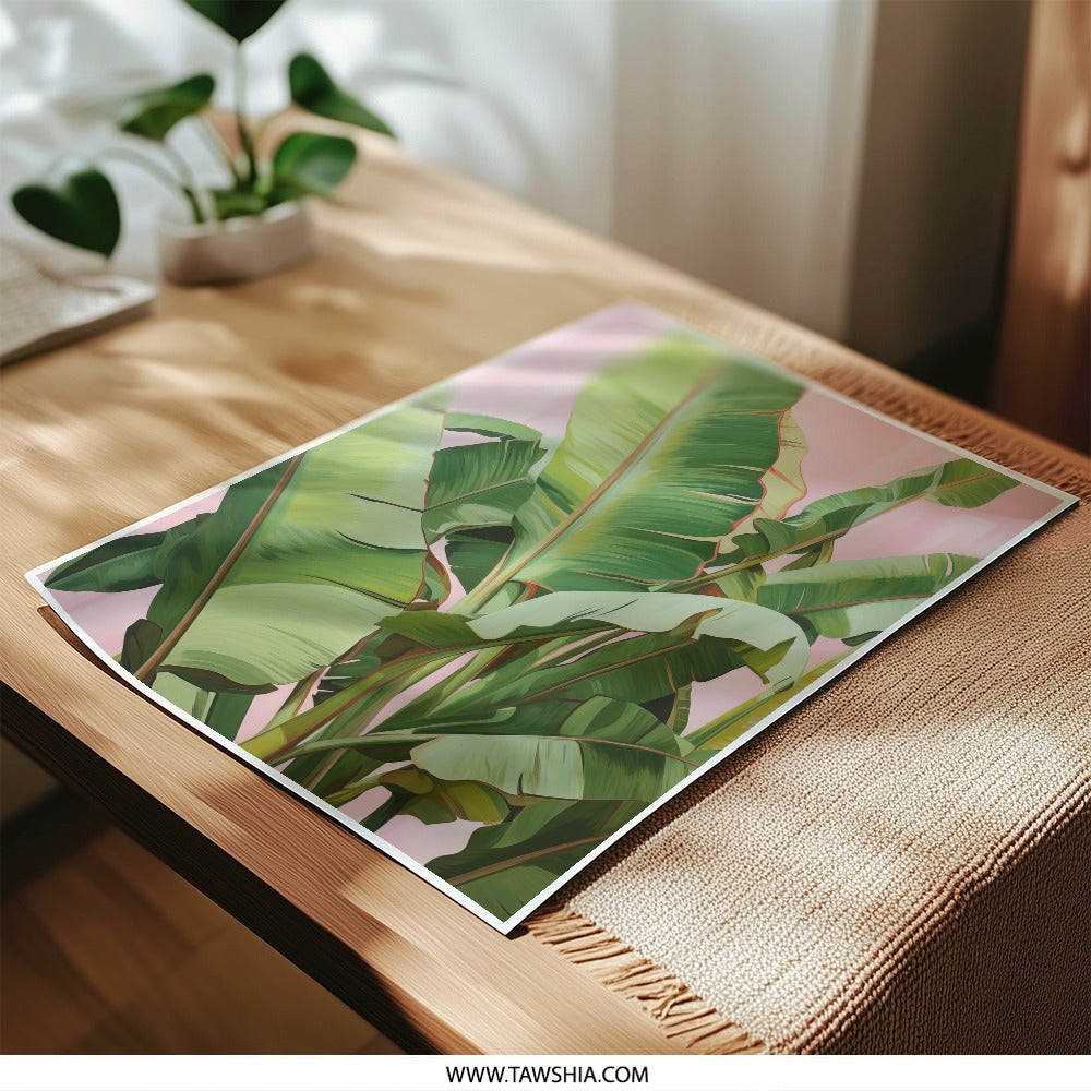 Tropical Leaves Photographic Print, Botanical Wall Art, Pink Background, Plant Decor, Banana Leaf Print, Exotic Art Print, Home Decor - Tawshia