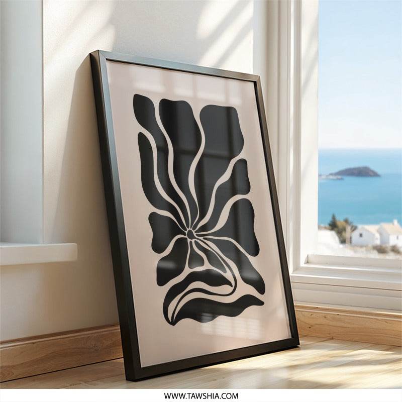 Modern Abstract Flower Wall Art, Black Beige Floral Print, Minimalist Home Decor, Contemporary Art Poster, Botanical Wall Decor - Tawshia
