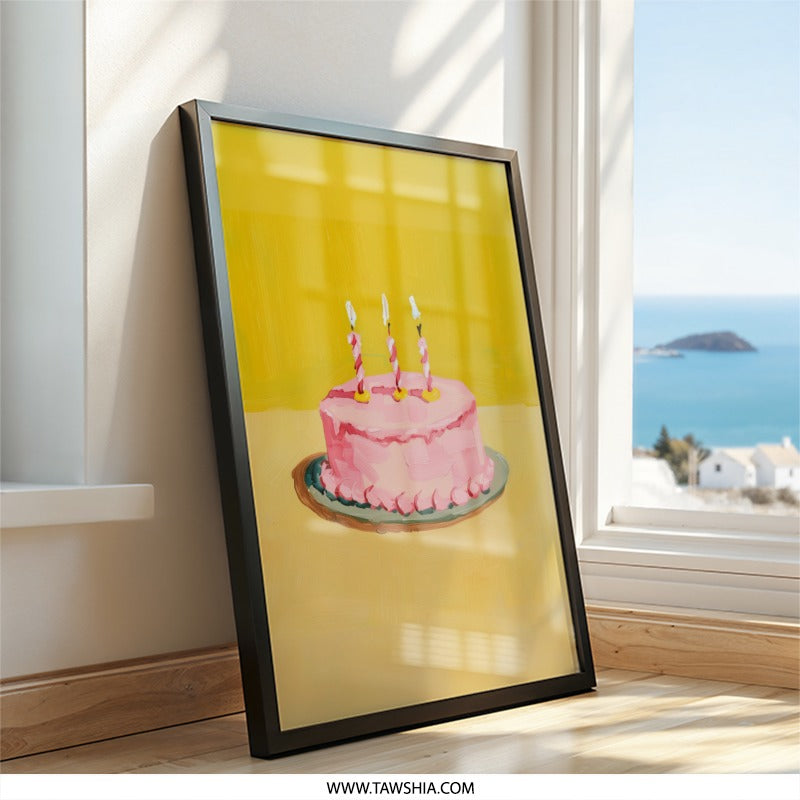 Pink Birthday Cake Wall Art, Celebration Decor, Whimsical Painting, Food Art Print, Kitchen Wall Decor, Party Illustration, Dessert Wall - Tawshia