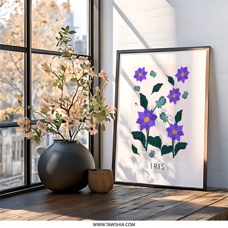 Iris Flower Wall Art, Floral Wall Decor, Purple Flower Art, Modern Botanical Print, Minimalist Wall Art, Home Decor, Trendy Wall Decor - Tawshia