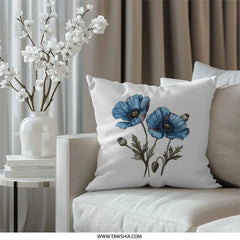 Blue Poppy Pillow, Floral Throw Pillow, Botanical Cushion, Flower Home Decor, Modern Decorative Pillows - Tawshia