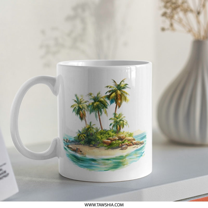 Tropical Island Mug, Beach Getaway Coffee Mug, Palm Tree Ocean Scene, Vacation Vibes, Summer Holiday Gift, Gift for Her, Gift for Him - Tawshia