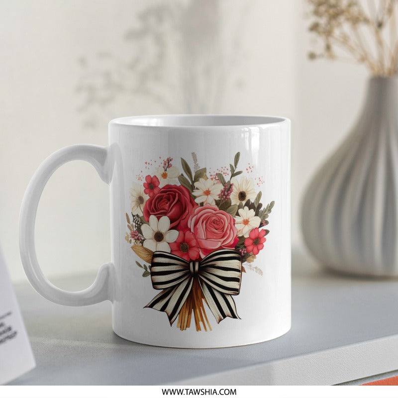 Floral Bouquet Mug, Rose Flower Coffee Cup, Striped Bow Mug, Gift Idea, Pretty Tea Mug, Special Occasion Cup, Trendy Mug - Tawshia