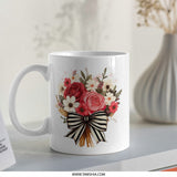 Floral Bouquet Mug, Rose Flower Coffee Cup, Striped Bow Mug, Gift Idea, Pretty Tea Mug, Special Occasion Cup, Trendy Mug - Tawshia