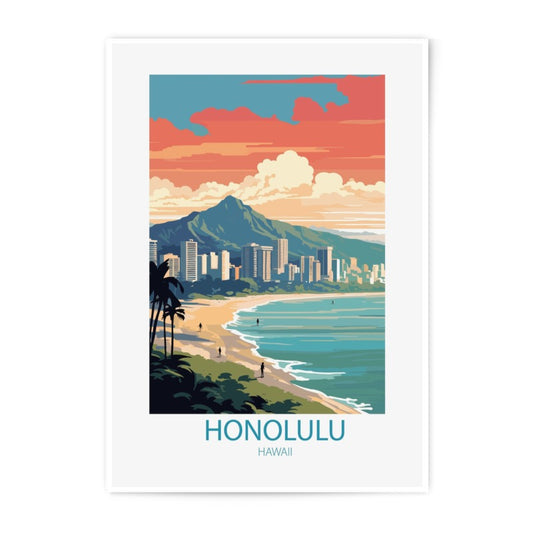 Honolulu Hawaii Photographic Print, Beach Skyline Art, Travel Poster, Island Decor, Tropical Wall Art, Vacation Souvenir, Retro Style Print - Tawshia