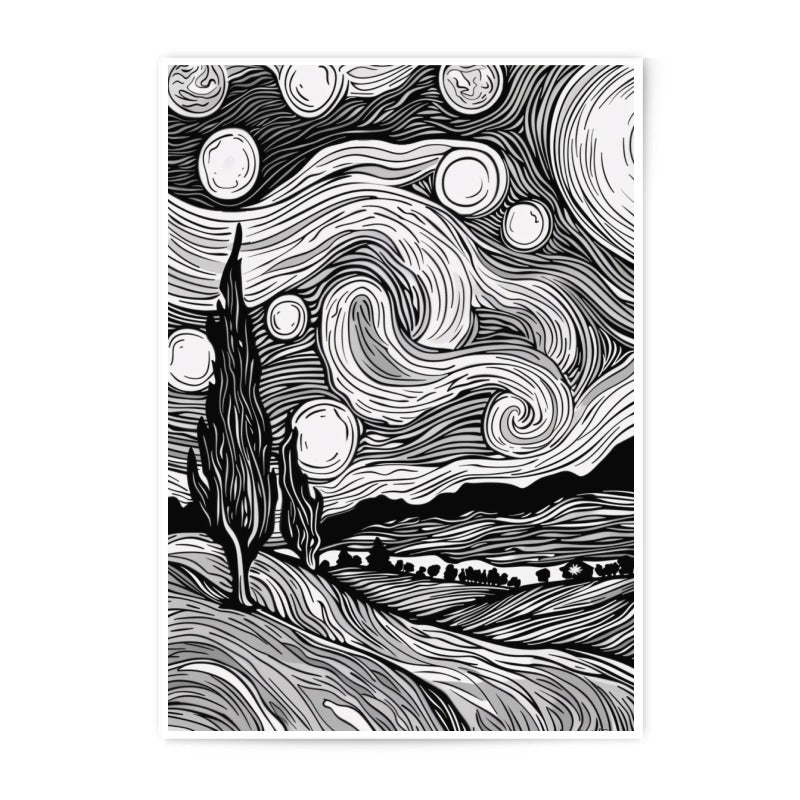 Starry Night Inspired Photographic Print, Abstract Landscape Art, Home Decor, Black and White, Wall Art, Gift Idea - Tawshia