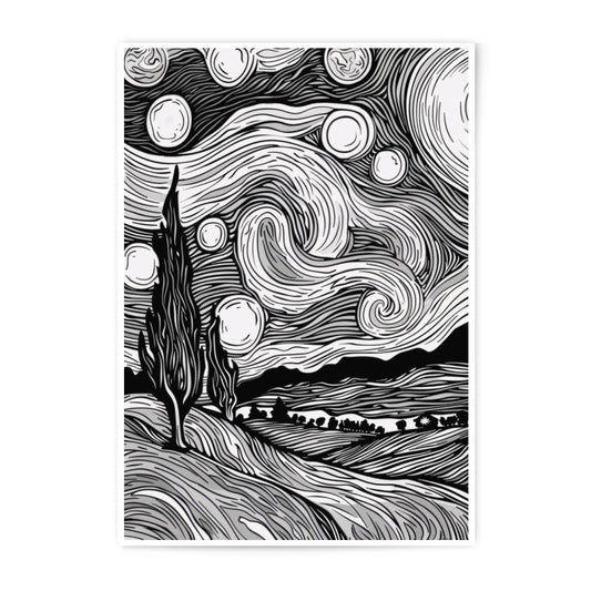 Starry Night Inspired Photographic Print, Abstract Landscape Art, Home Decor, Black and White, Wall Art, Gift Idea - Tawshia