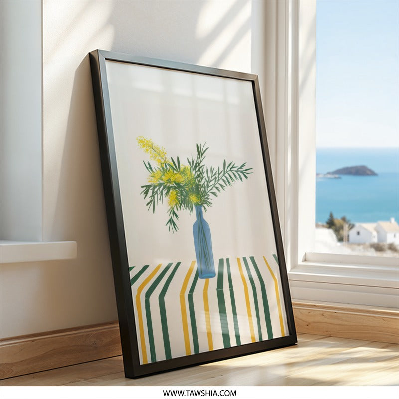 Mimosa Wall Art Print, Floral Still Life Art, Botanical Wall Decor, Yellow Flowers Art, Striped Tablecloth Print, Contemporary Art Print - Tawshia