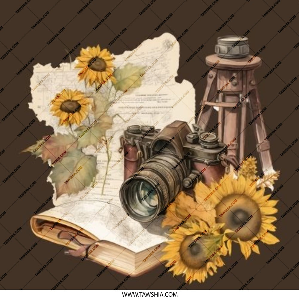 Vintage Camera Pinback Button, Sunflower Badge, Retro Photography, Book Button, Travel Gift, Tripod Button, Aesthetic Pinback Button - Tawshia