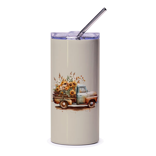 Sunflower Truck Tumbler, Farmhouse Tumbler, Rustic Truck Tumbler, Fall Tumbler, Floral Tumbler, Truck with Flowers, Country Style Tumbler - Tawshia