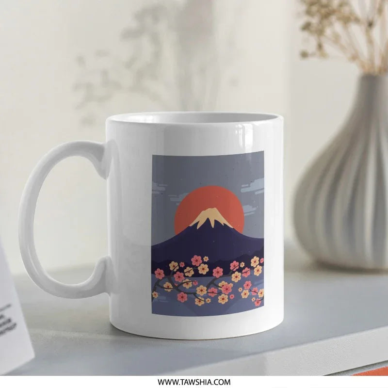 Sunrise Over Mountain with Cherry Blossom Design Mug product