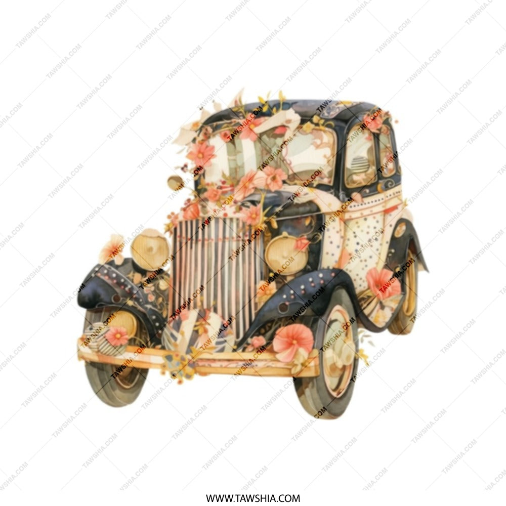 Floral Car Tote Bag, Vintage Auto, Flower Adorned, Classic Car Lover, Unique Design, Everyday Carry, Trendy Tote, Gift Idea - Tawshia