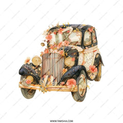 Floral Car Tote Bag, Vintage Auto, Flower Adorned, Classic Car Lover, Unique Design, Everyday Carry, Trendy Tote, Gift Idea - Tawshia