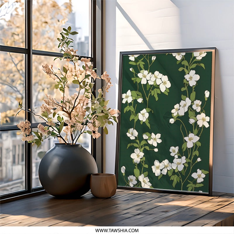 White Flower Wall Art, Floral Print, Green Background, Botanical Illustration, Modern Home Decor, Nature Inspired Artwork - Tawshia