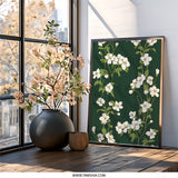 White Flower Wall Art, Floral Print, Green Background, Botanical Illustration, Modern Home Decor, Nature Inspired Artwork - Tawshia