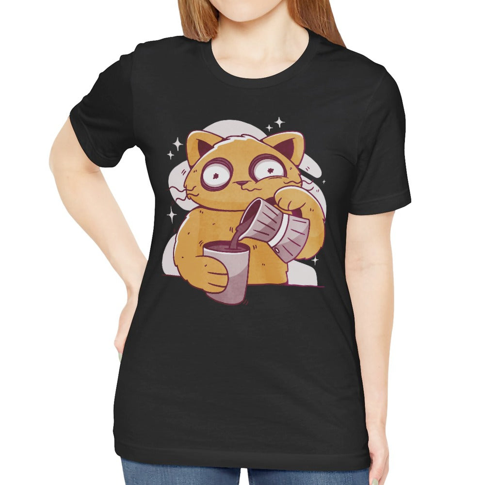 Quirky Cat Pouring Coffee Cartoon Art T-shirt product type