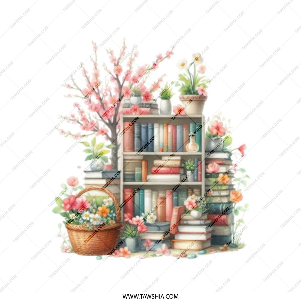 Bookshelf Tote Bag, Floral Tote, Reading Lover Gift, Bookworm Bag, Bookish Tote Bag, Teacher Gift, Librarian Gift, Book and Flower Bag - Tawshia