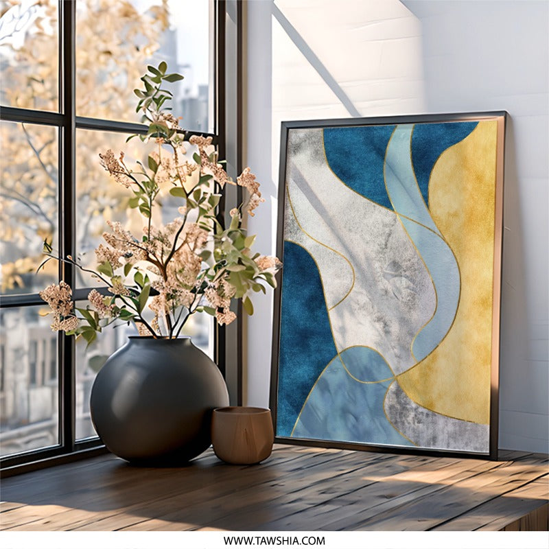 Abstract Wall Art, Modern Art Print, Gold Accent Decor, Fluid Shape Design, Contemporary Home Decor, Gallery Wall Art, Stylish Home Decor - Tawshia