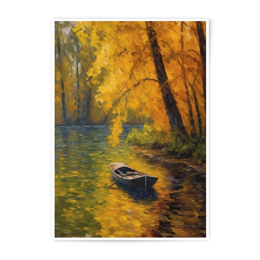 Autumn Lake Photographic Print, Forest Landscape Art, Boat on Water, Nature Wall Decor, Fall Season Scenery, Serene Artwork, Home Decor - Tawshia