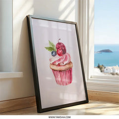 Cupcake Wall Art, Watercolor Cupcake Print, Cherry Cupcake Art, Dessert Wall Decor, Food Art Print, Kitchen Art, Sweet Treat Wall Art - Tawshia