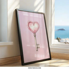Heart Key Wall Art, Pink Room Decor, Love Key Illustration, Romantic Wall Decor, Cute Key Print, Valentine's Day Gift - Tawshia