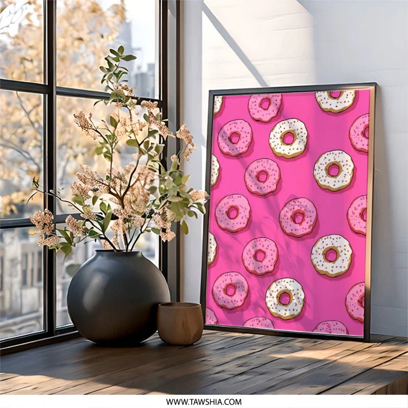 Pink Donut Wall Art, Sweet Treat Print, Foodie Decor, Colorful Kitchen Art, Dessert Lover Gift, Yummy Donut Poster, Fun Wall Hanging - Tawshia
