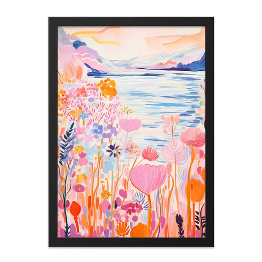 Floral Lake Wall Art, Colorful Landscape Print, Watercolor Painting Style, Nature Home Decor, Vibrant Flower Field Artwork - Tawshia