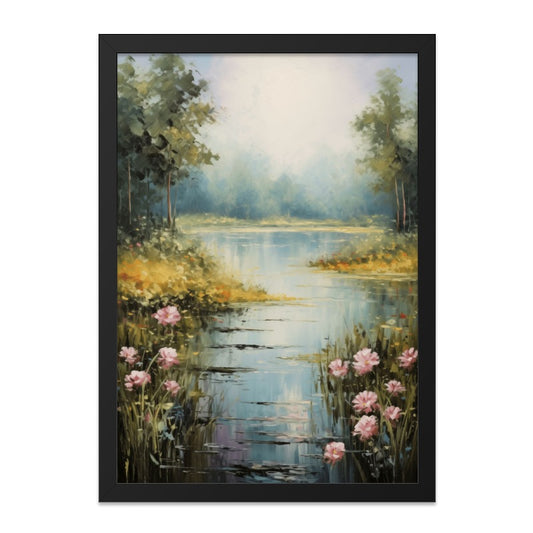 Serene Lake Wall Art, Floral Landscape Print, Tranquil Nature Scene, Peaceful Home Decor, Calming Artwork for Living Room, Gift Idea - Tawshia