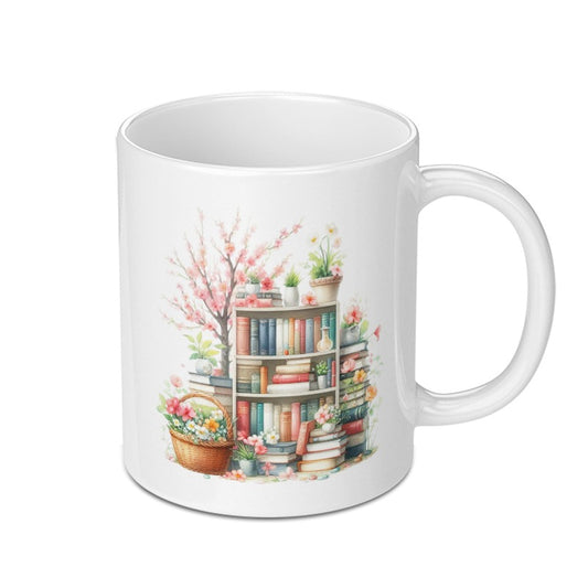 Bookshelf Mug, Floral Mug, Book Lover Gift, Reader Gift, Bookworm Mug, Cozy Mug, Aesthetic Mug, Spring Mug, Books and Flowers Mug - Tawshia
