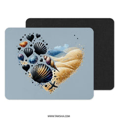 Seashell Heart Mouse Pad, Beach Lover Gift, Coastal Desk Decor, Ocean Theme Mousepad, Nautical Office Accessory, Sand and Seashell Art - Tawshia