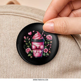 Pink Coffee Pinback Button, Floral Drink Button, Coffee Lover Gift, Cute Button, Valentine's Day Button, Trendy Button, Aesthetic Button - Tawshia