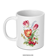 Tulip and Strawberry Mug, Floral Mug, Botanical Mug, Flower Mug, Nature Mug, Gift Mug, Coffee Mug, Tea Mug, Kitchen Decor - Tawshia