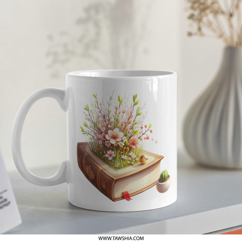 Book Lover Gift Mug, Floral Book, Reading Mug, Flower Mug, Bookish Mug, Book Illustration, Cute Mug, Teacher Mug, Gifts for Her - Tawshia