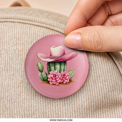 Pink Cowboy Hat Pinback Button, Desert Cactus Flower Badge, Western Style Pin, Trendy Accessory, Cute Button, Gift Idea - Tawshia