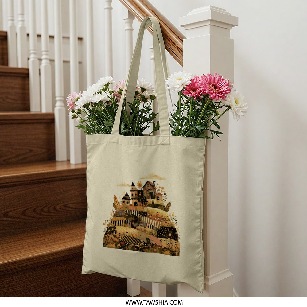 Whimsical Village Tote Bag, Fantasy Town Art, Hilltop Houses, Unique Design Bag, Everyday Tote, Stylish Handbag, Gift for Her - Tawshia