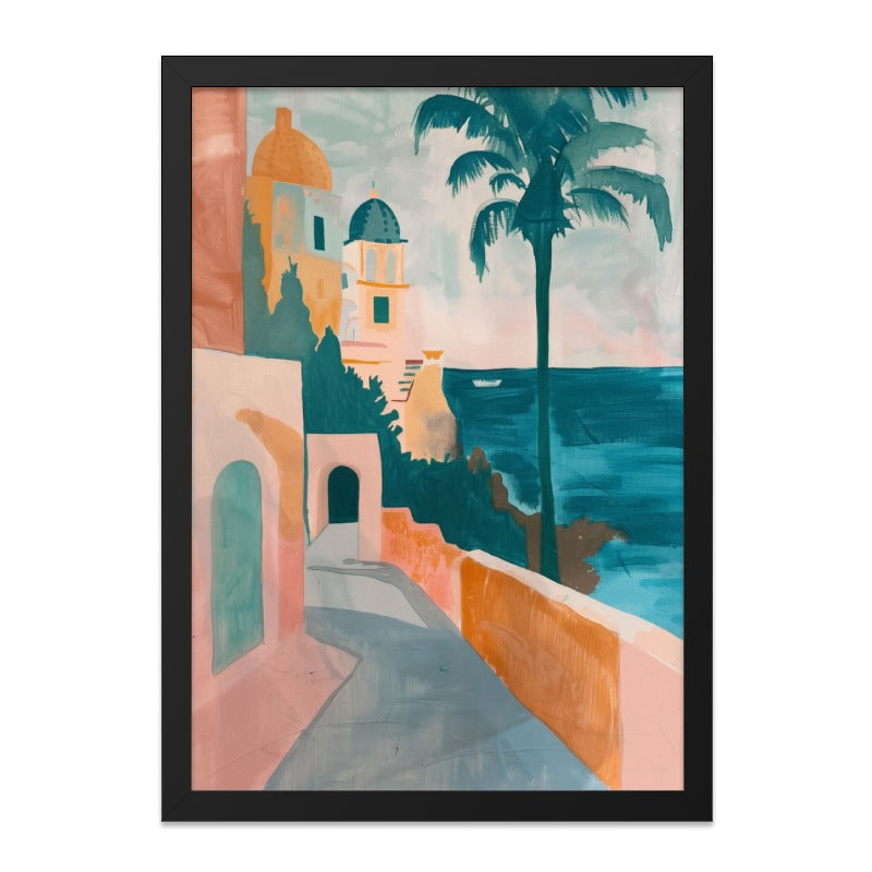 Coastal Village Wall Art, Tropical Palm Tree Print, Seaside Town Artwork, Italian Coast Scenery, Mediterranean Sea View Poster - Tawshia