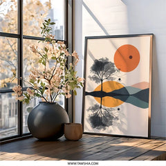Minimalist Landscape Wall Art, Tree Reflection Print, Geometric Sunset Poster, Modern Nature Decor, Abstract Landscape Wall Decor - Tawshia