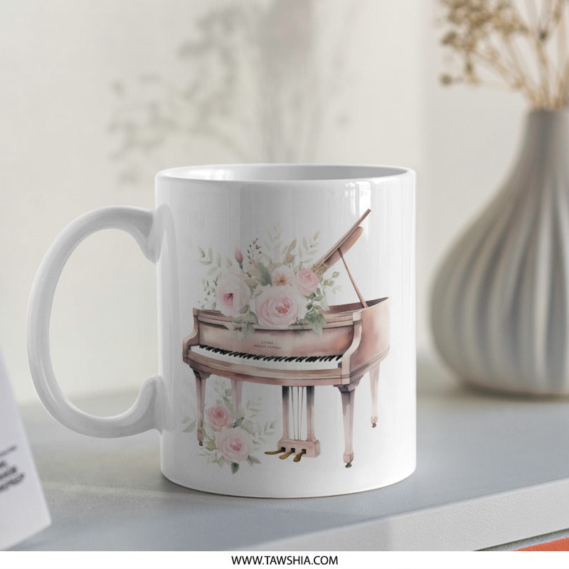 Piano Mug, Floral Piano Art, Music Lover Gift, Musician Mug, Piano Teacher Gift, Elegant Coffee Mug, Unique Gift Idea - Tawshia