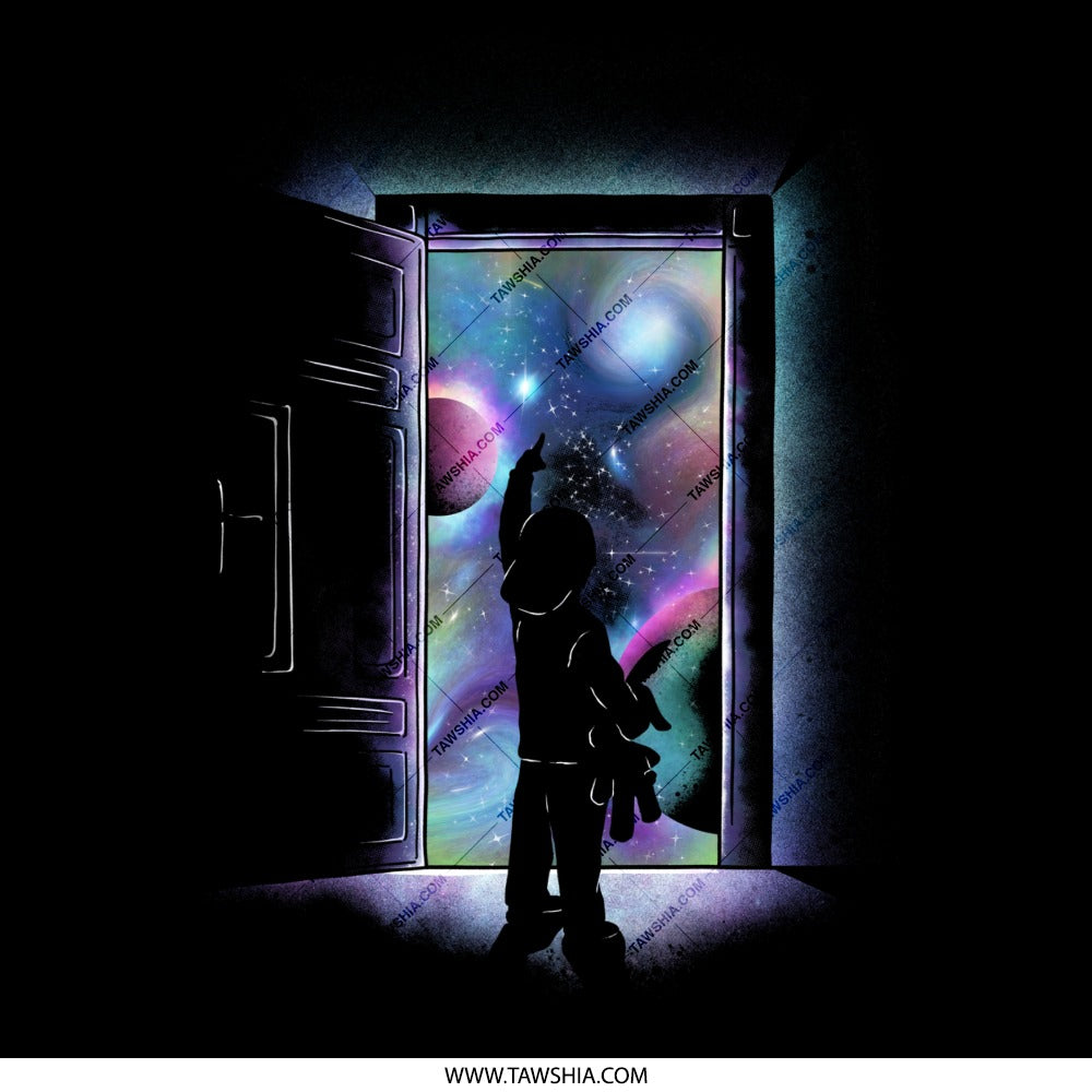 Child Reaching for Stars at Doorway Art Print product type