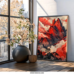 Red Mountain Landscape Wall Art, Asian Inspired Decor, Dramatic Mountain Print, Nature Art, Cloudscape Painting, Modern Wall Decor, Home - Tawshia