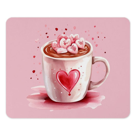 Heart Mug Mouse Pad, Valentines Day, Hot Chocolate Art, Love Decor, Cute Valentines Gift, Heart Marshmallows, Pink Watercolor Mousepad - Tawshia