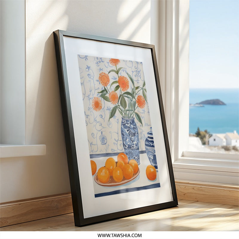 Orange Floral Still Life Wall Art, Vase of Flowers Print, Citrus Fruit Art, Kitchen Wall Decor, Contemporary Art Print - Tawshia