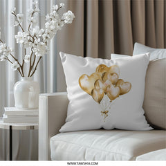 Golden Heart Balloons Pillow, Romantic Throw Pillow, Love Balloons Cushion, Decorative Pillow for Home Decor, Anniversary Gift - Tawshia