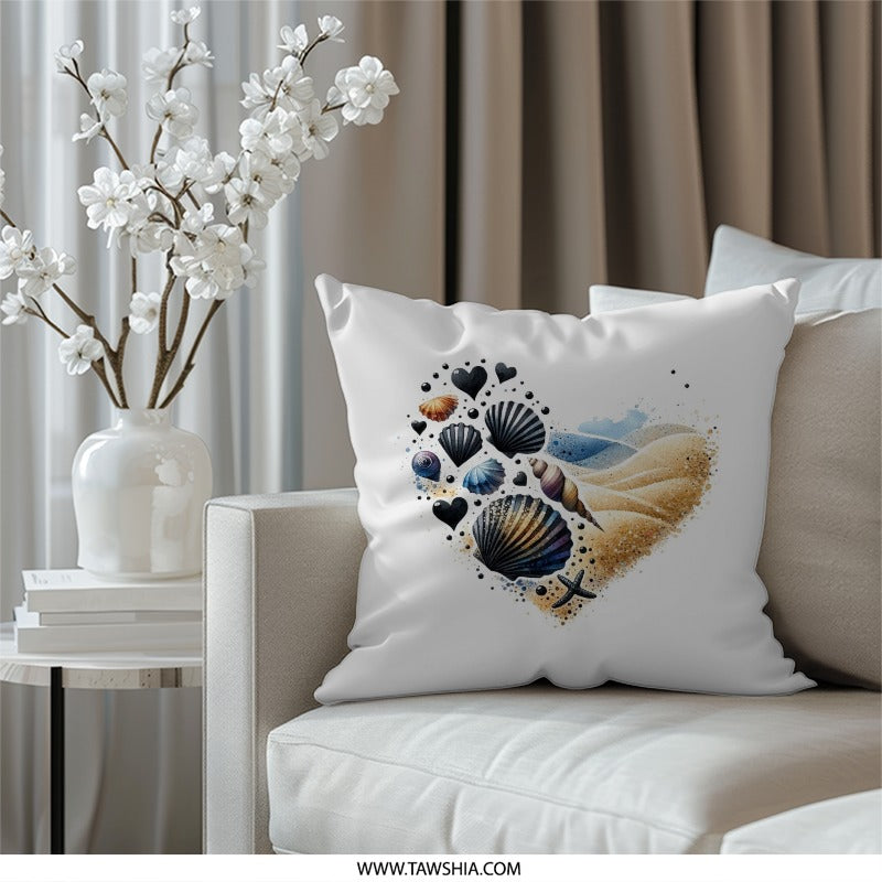Seashell Heart Pillow, Beach House Decor, Coastal Throw Pillow, Ocean Lover Gift, Nautical Home Accent, Beach Themed Cushion - Tawshia