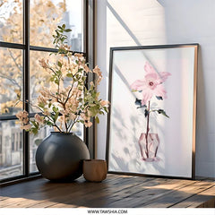 Pink Clematis Flower Wall Art, Floral Print, Minimalist Art, Botanical Wall Decor, Clematis in Vase, Home Decor - Tawshia