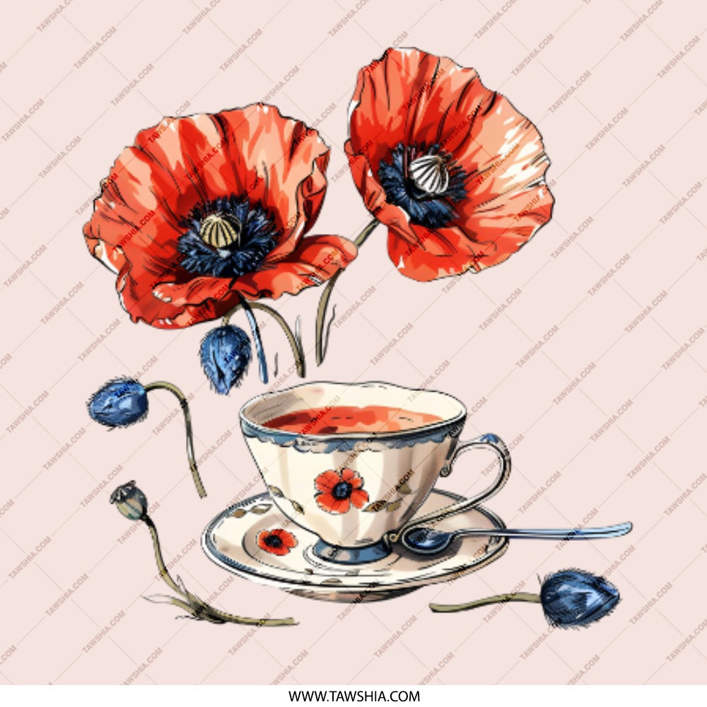 Poppy Tea Pinback, Floral Pin, Teacup Button, Flower Badge, Nature Inspired Pinback, Elegant Pin, Gift for Her, Aesthetic Accessories - Tawshia