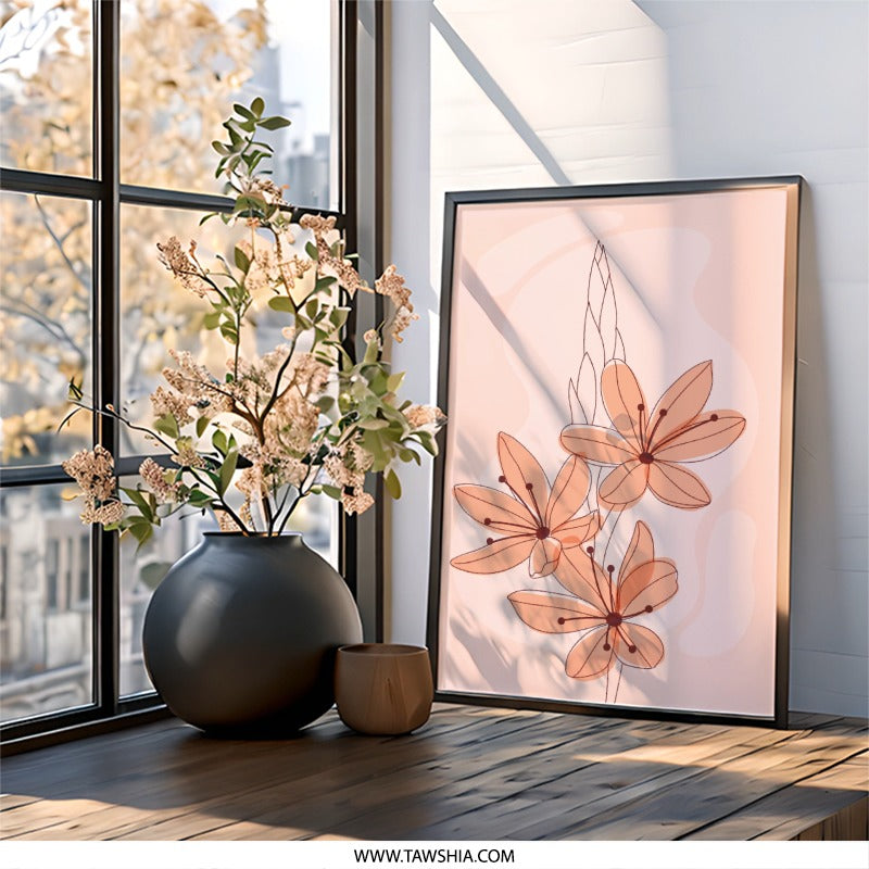 Floral Wall Art, Minimalist Flower Print, Modern Home Decor, Botanical Wall Decor, Peach Flower Art, Line Art, Flower Poster, Framed Art - Tawshia