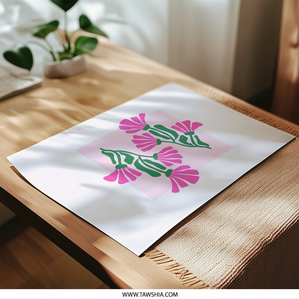 Floral Photographic Print, Pink Flowers Art, Botanical Wall Decor, Modern Home Art, Flower Illustration Art, Pink and Green Art Print - Tawshia