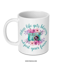 Adjust Your Focus Mug, Floral Camera Mug, Inspirational Quote Mug, Photographer Gift, Motivational Mug, Teal Camera Mug - Tawshia