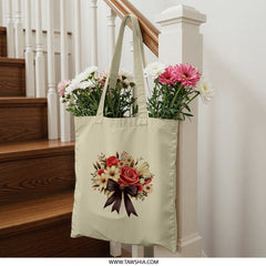 Floral Bouquet Tote Bag, Rose Design, Flower Bouquet, Romantic Gift, Botanical Art, Chic Tote, Everyday Bag, Elegant Fashion - Tawshia
